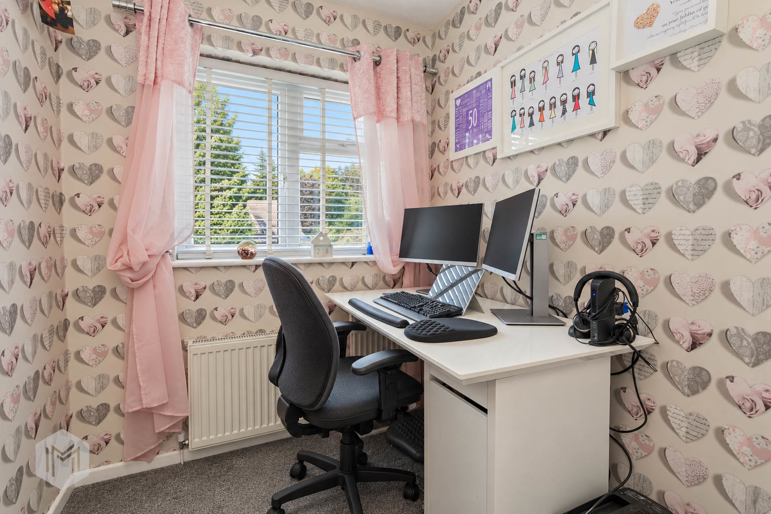 Pastel Heart-Patterned Home Office Nook