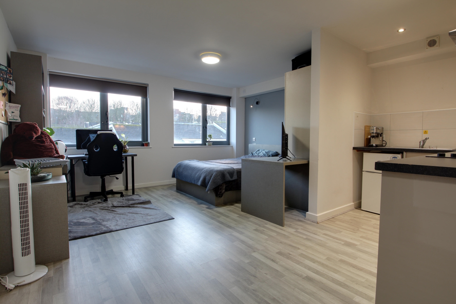Open plan living room bedroom area and kitchen area
